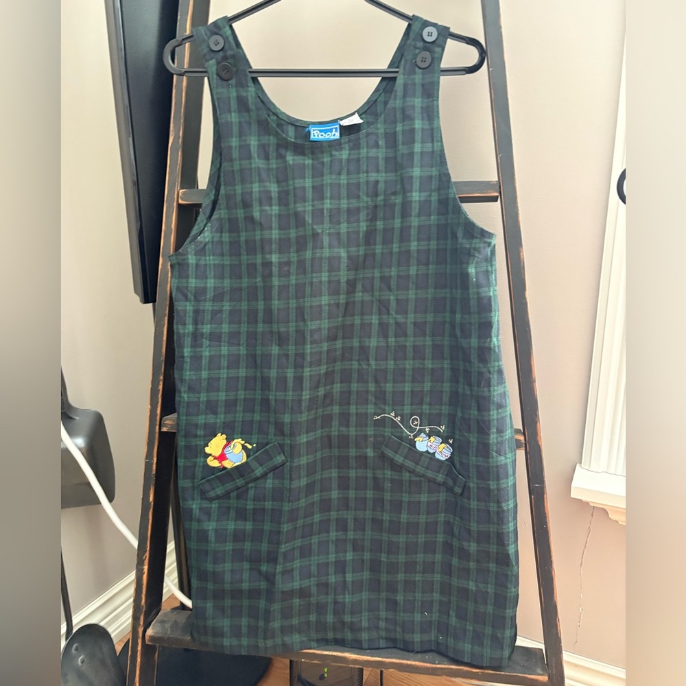 Vintage Disney Pooh Plaid Jumper Dress Winnie the Pooh Embroidered Size M - Picture 1 of 6